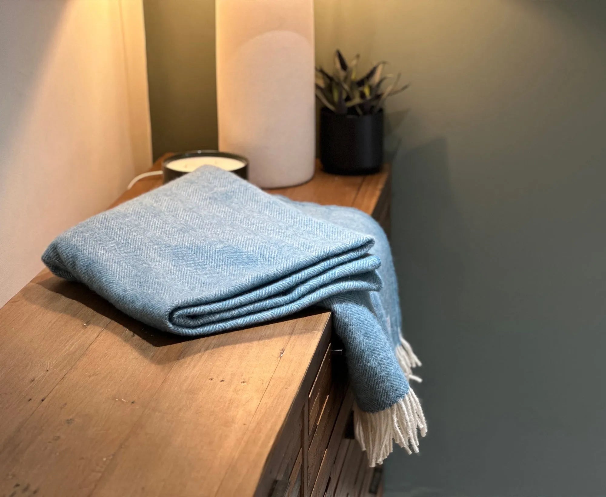 100% Lambswool Herringbone Throw Duck Egg Blue